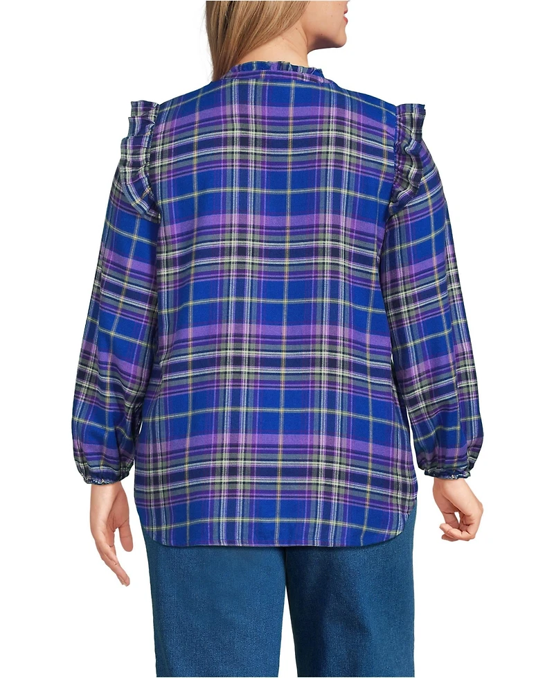 Lands' End Women's Plus Ruffle Front Flannel Popover Blouse