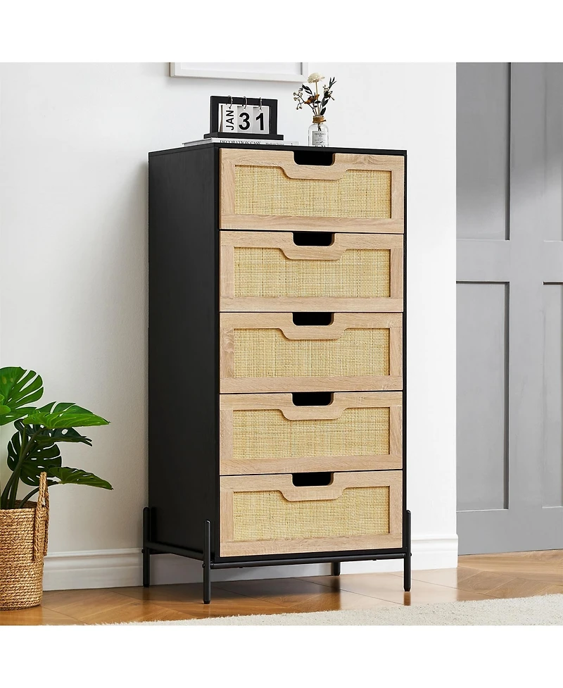 Modern Rattan 5 Drawers Dresser, Double Dresser for Bedroom, Chest of Drawers Closet Organizers and Storage Clothes