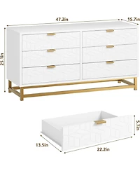 gaomon Dresser for Bedroom, 6 Drawer Dresser Organizer with Golden Metal Handle and Legs, White