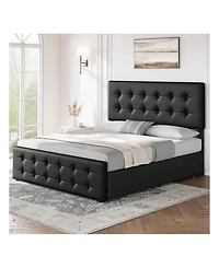 Bed Frame,With 4 Storage Drawers And Headboard, Linen Upholstered Platform Frame With Wooden Slats Support, Button Tufted Design