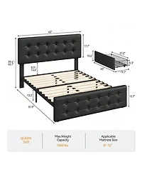 Bed Frame,With 4 Storage Drawers And Headboard, Linen Upholstered Platform Frame With Wooden Slats Support, Button Tufted Design