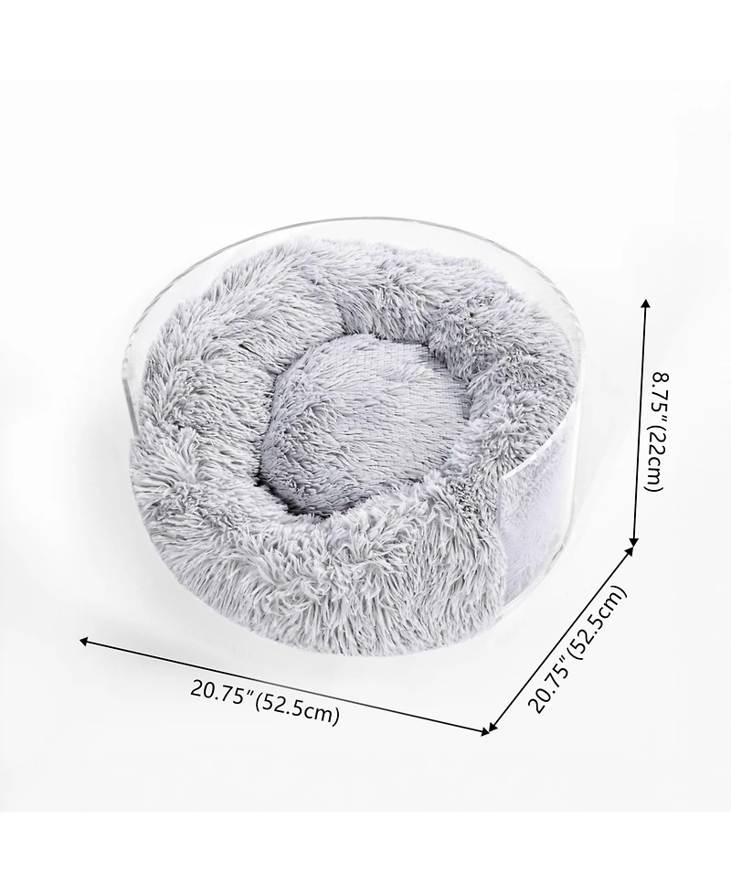 Bette 20.75" x 20.75" Small/Medium Modern Acrylic Calming Fluffy Donut Pet Bed with Washable Cover, Light Gray/Clear