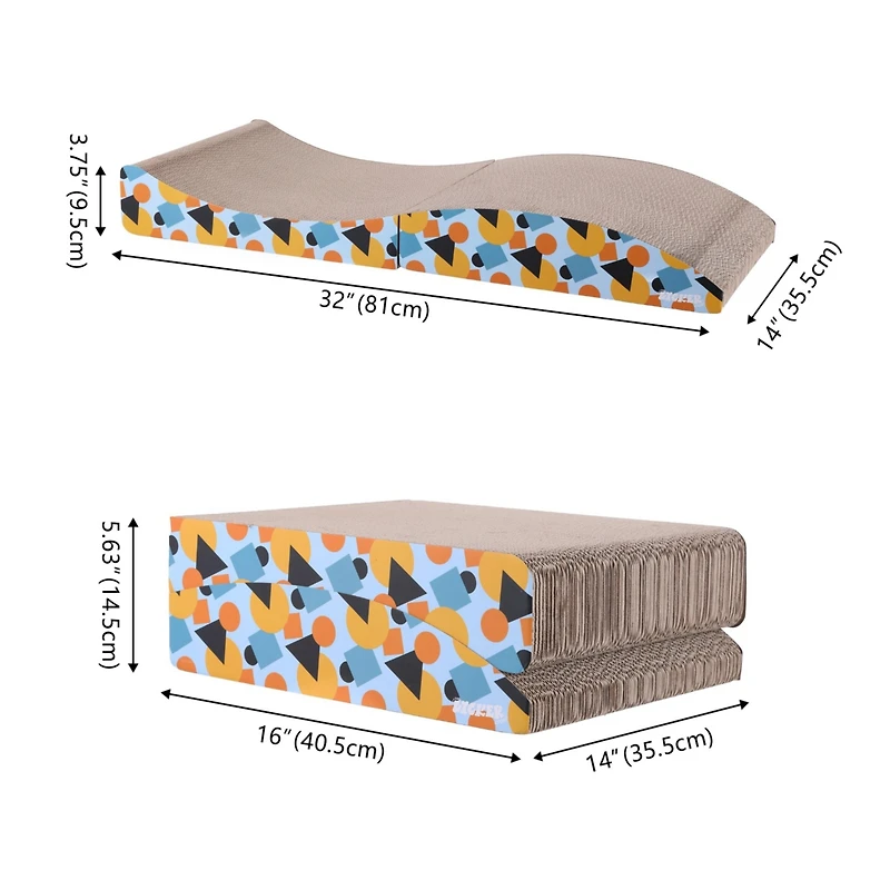 The Licker Store Eero 32" Modern Cardboard Foldable Lounge Cat Scratcher with Catnip, Blue/Orange