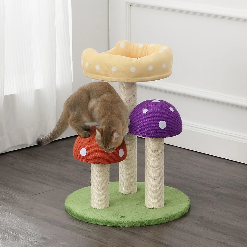 The Licker Store Pixie 22.5" 3-Tier Cottage Sisal Mushroom Cat Tree with Scratching Posts, Napping Perch, and Dangling Bell Toy, Multi