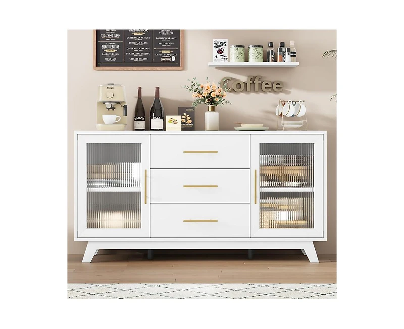 gaomon Coffer Bar Cabinet with 2 Fluted Glass Doors, 56" Modern Sideboard Buffet Cabinet with 3 Drawers