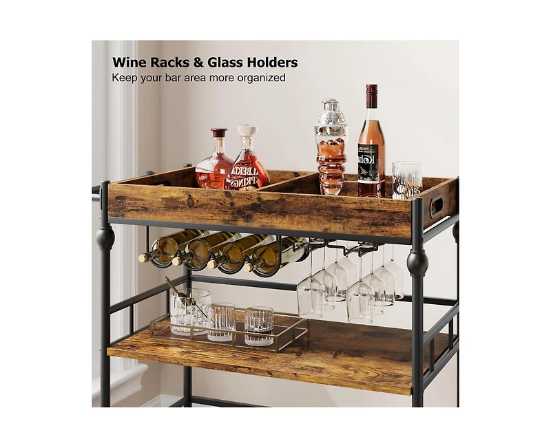 gaomon 3-Tier Rolling Bar Cart with Wheels, Metal Serving Cart with Wine Rack & Removable Tray for Home, Kitchen, Dining Room, and Living Area-Retro B