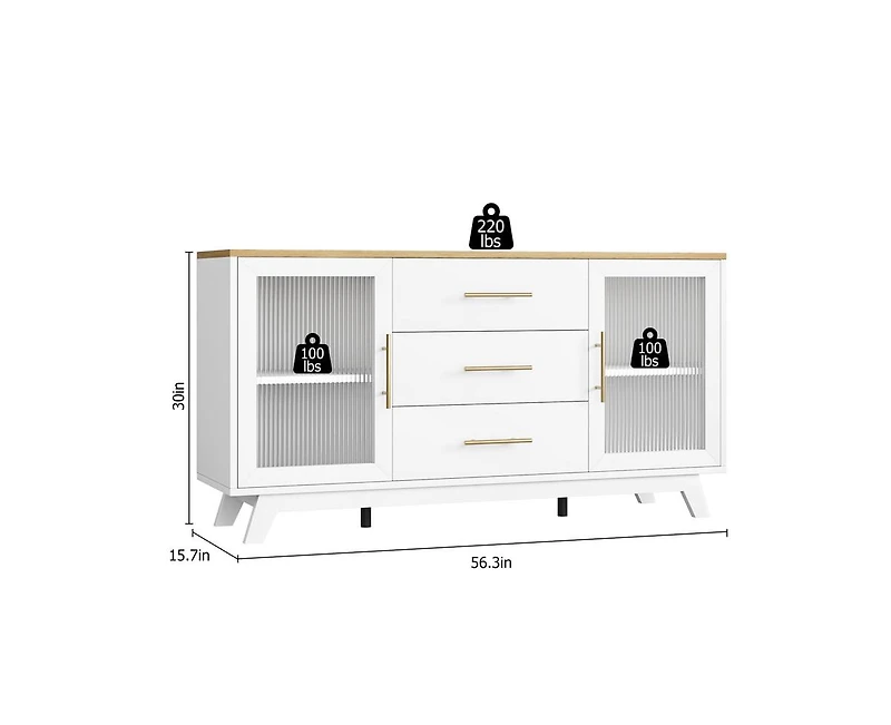 gaomon Coffer Bar Cabinet with 2 Fluted Glass Doors, 56" Modern Sideboard Buffet Cabinet with 3 Drawers, White Large Storage Cabinet for Kitchen Dinin