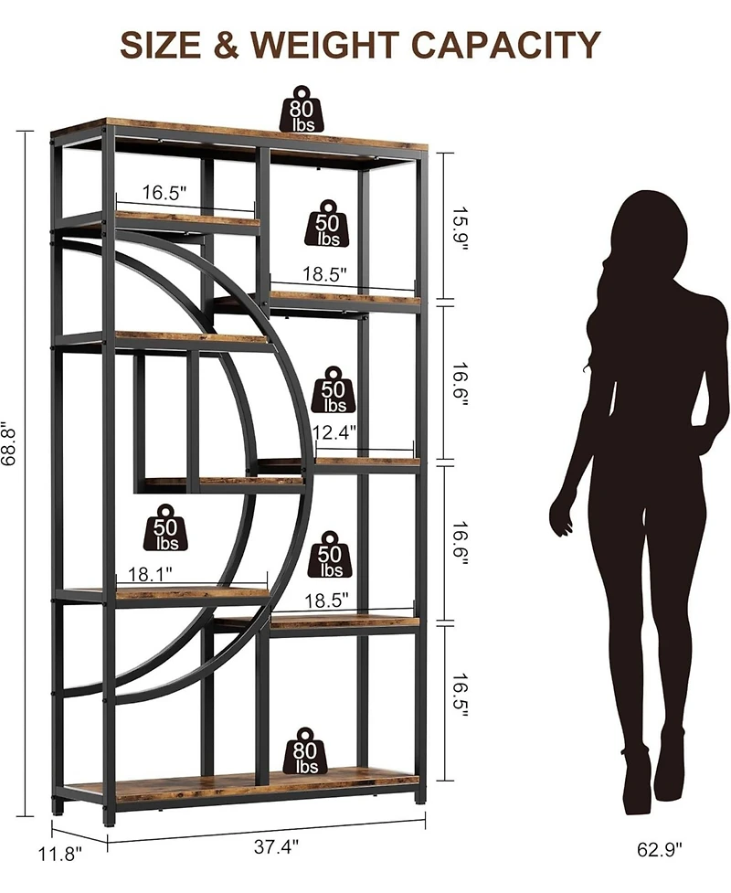 gaomon Retro Open Bookshelf, Tall Storage Rack with 9 Tiers, Display Shelf, Indoor Plant Stand, Storage Rack, Multifunctional Shelf