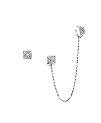 Bling Jewelry Geometric Square Pyramid Chain Cartilage Ear Cuff Wrap Earring Pave Cz Stud Helix Earring Stud Set .925 Sterling Silver