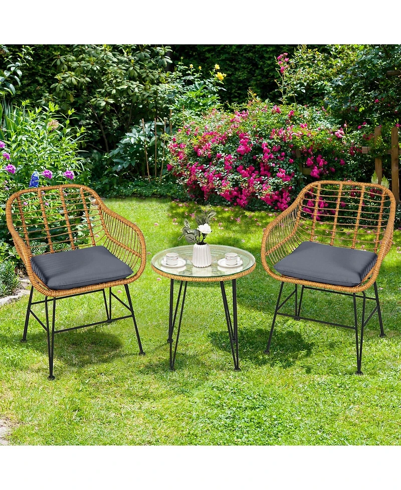 Sugift 3 Pieces Rattan Furniture Set with Cushioned Chair Table-Gray