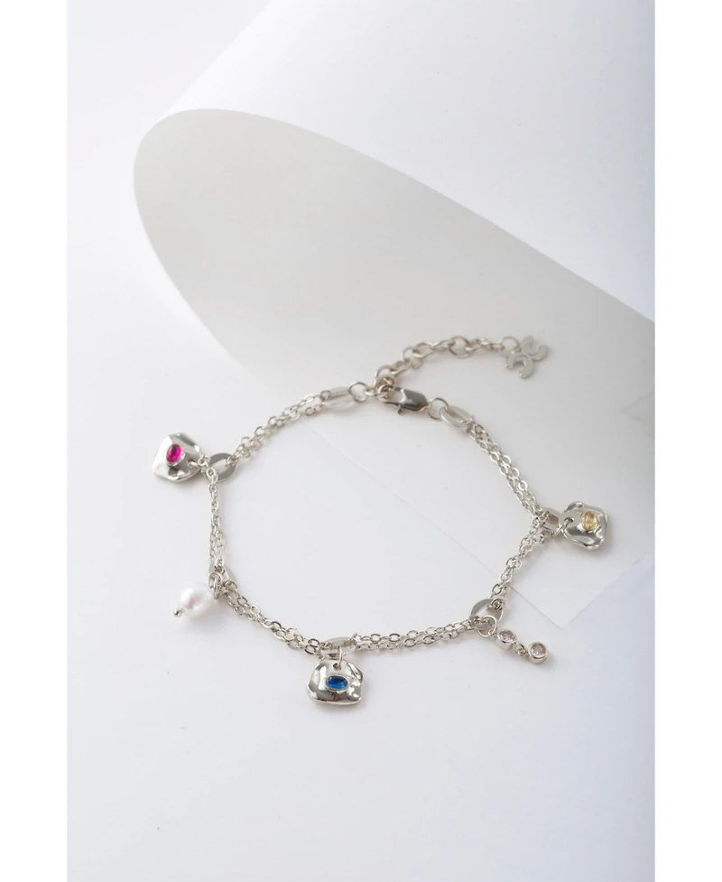 Iris Colored Cubic Zirconia and Freshwater Pearl Charms Anklet