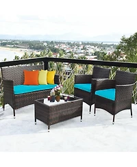 Sugift 4 Pieces Patio Rattan Sofa Set with Chairs and Glass Coffee Table