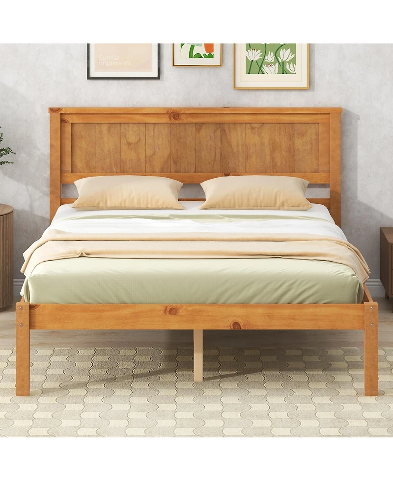Slickblue Full Platform Bed Frame with Headboard - Wood Slat Support, No Box Spring Needed, Oak