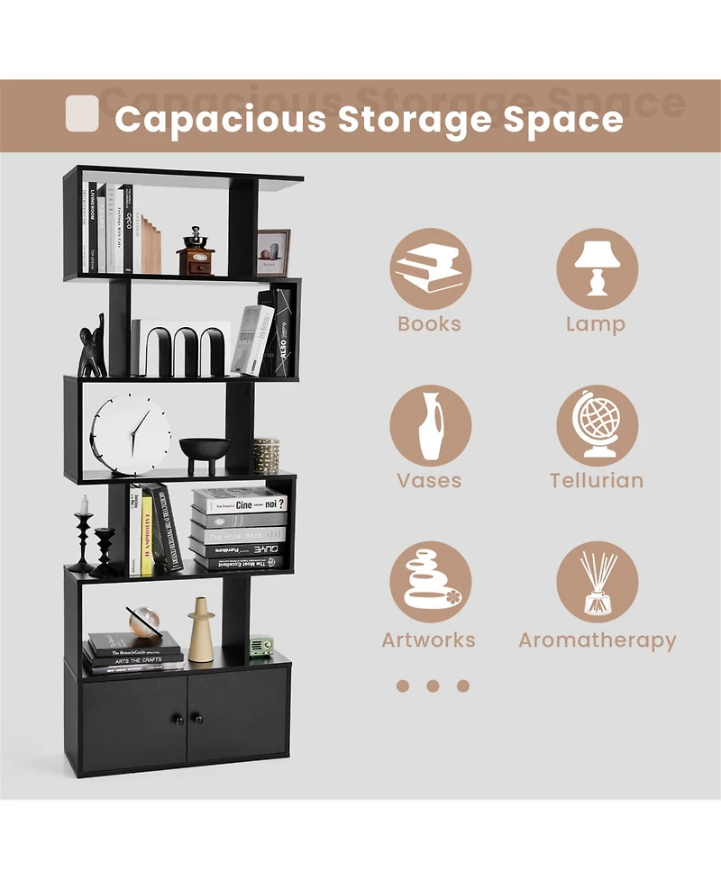 Gymax 2PCS 6-Tier Shaped Bookshelf w/ Cabinet 6-Tier Tall Bookcase w/ Doors