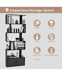 Gymax 2PCS 6-Tier Shaped Bookshelf w/ Cabinet 6-Tier Tall Bookcase w/ Doors