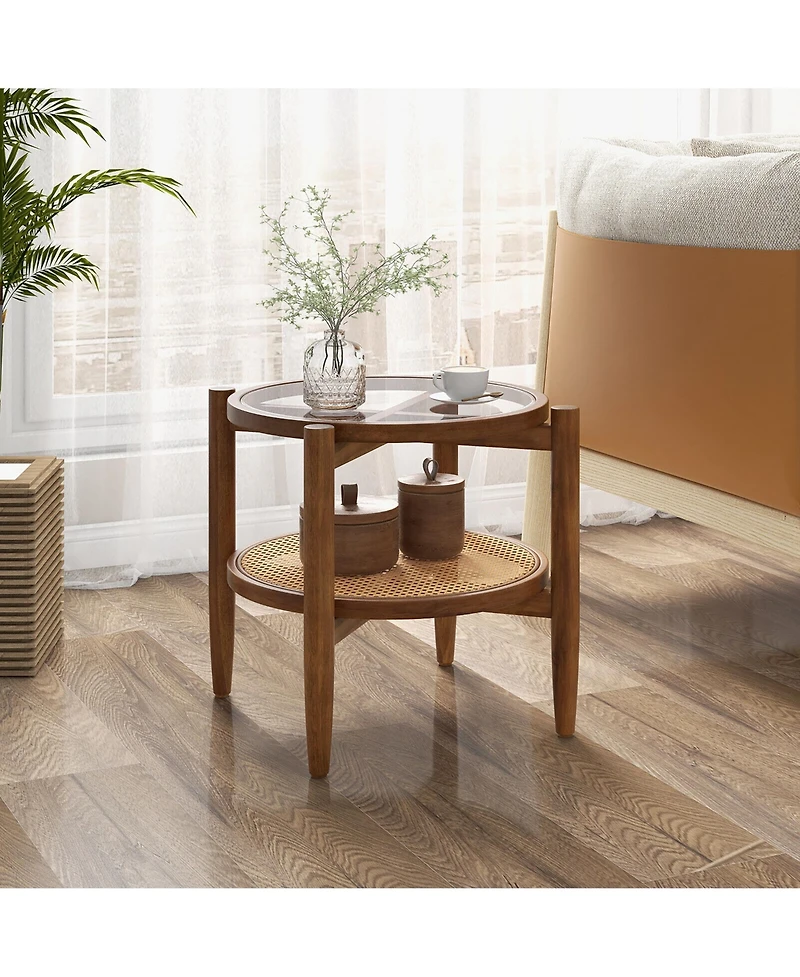 Gymax 2 Pcs 2-Tier Round Side End Table Pe Rattan Nightstand Tempered Glass Tabletop