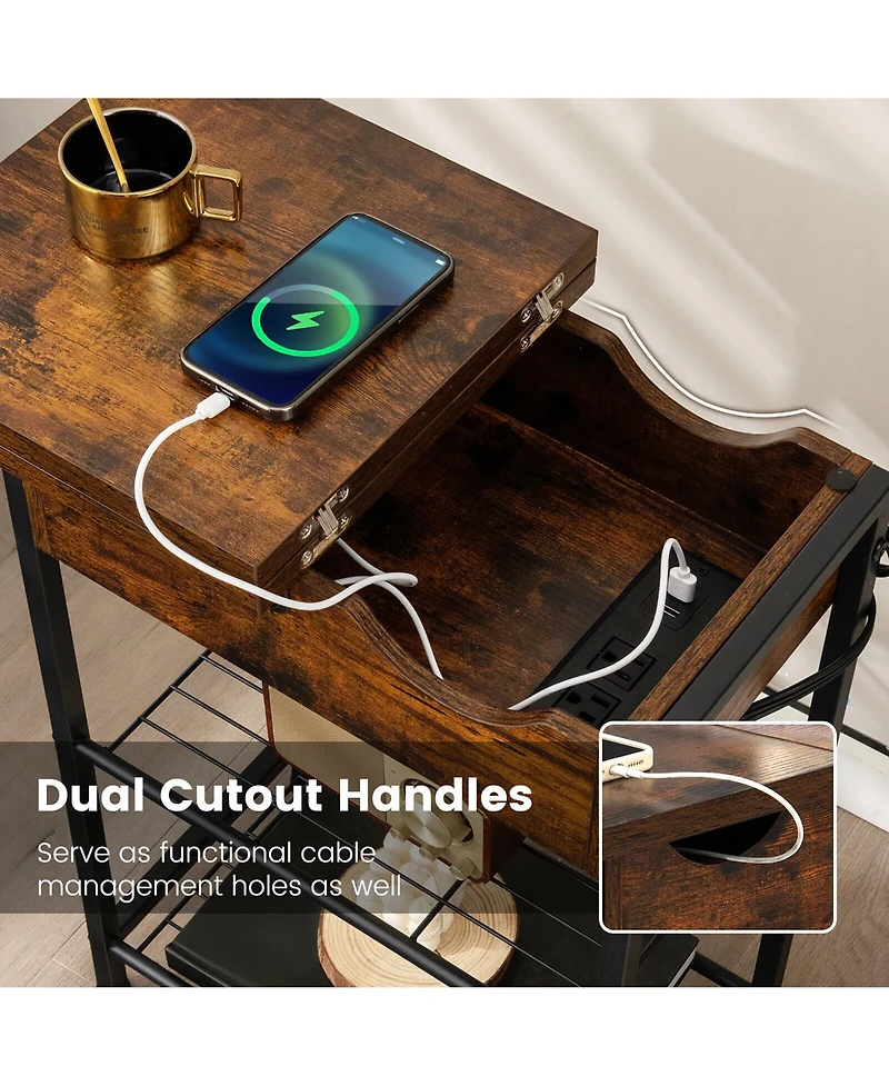 Gymax Side End Sofa Table Nightstand with Charging Station Flip-Up Top for Living Room