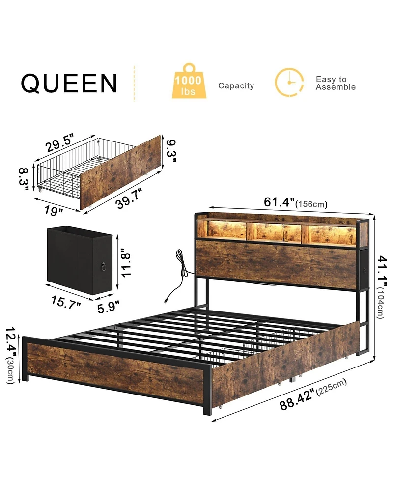 Hausource Queen/Full Size Bed Frame with Storage Headboard & 2 Drawers Platform Bed No Box Spring Needed, Queen