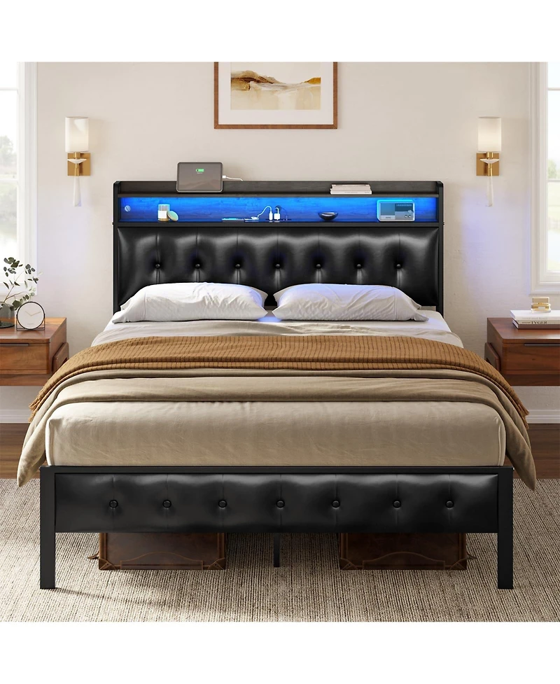 Hausource King/Twin Size Bed Frame with Storage Headboard & Charging Station Upholstered Platform Bed