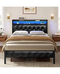 Hausource King/Twin Size Bed Frame with Storage Headboard & Charging Station Upholstered Platform Bed