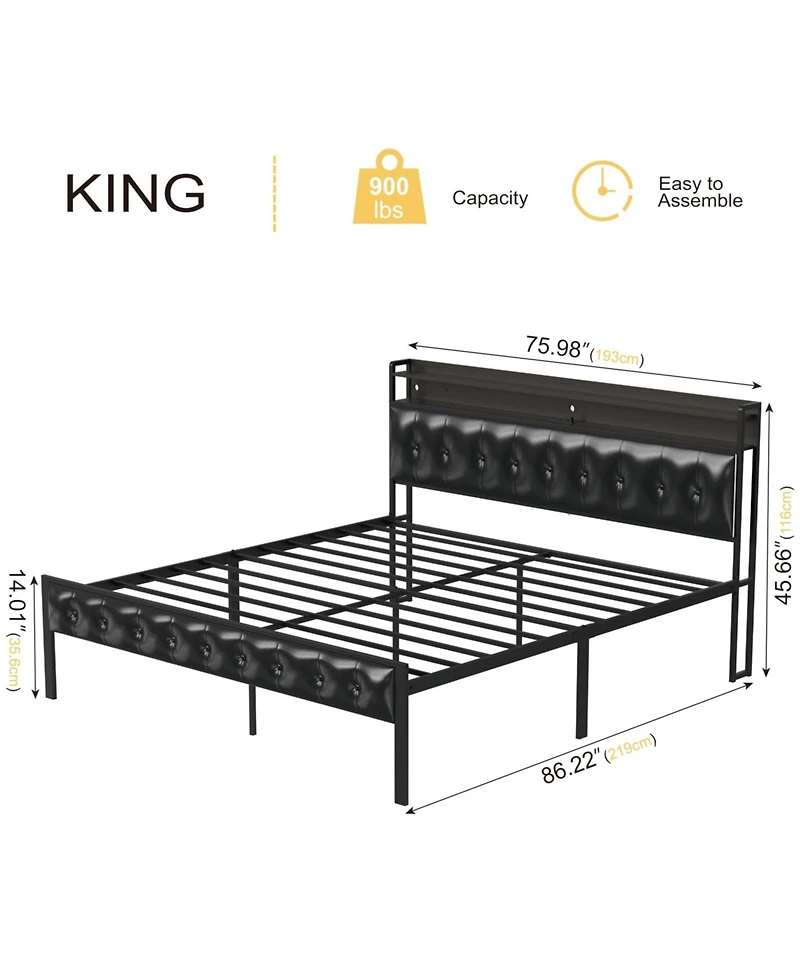 Hausource King/Twin Size Bed Frame with Storage Headboard & Charging Station Upholstered Platform Bed