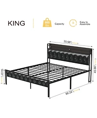 Hausource King/Twin Size Bed Frame with Storage Headboard & Charging Station Upholstered Platform Bed