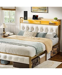 Hausource Queen Size Bed Frame with Storage Headboard & Usb Ports & Outlets No Box Spring Needed