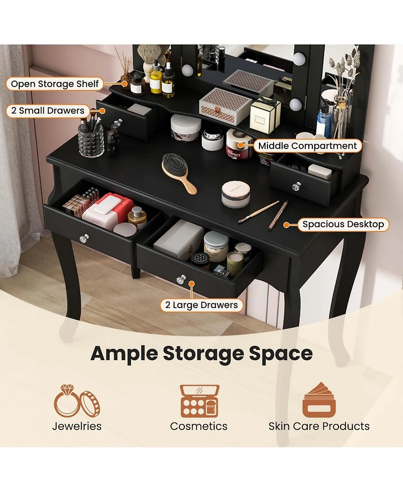 Makeup Vanity Set with Tri-Fold Mirror & Led Lights 4 Drawers Open Shelf