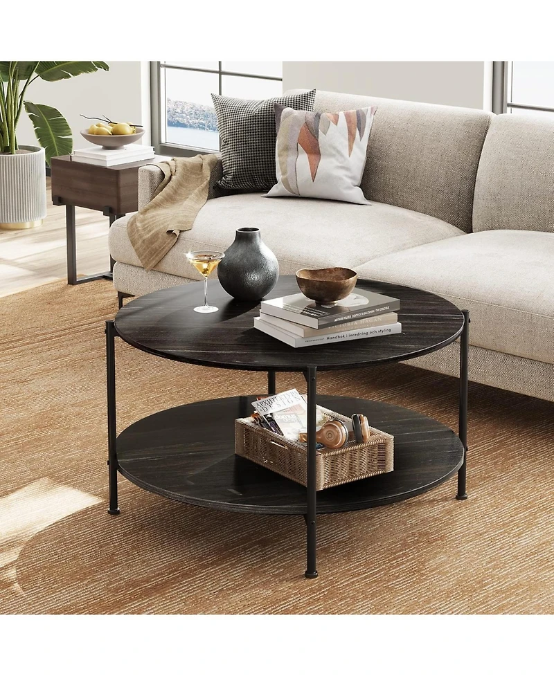 Wlive Round Coffee Table, Living Room Table with 2-Tier Storage Shelf,32in Wood Modern Coffee Table with Metal Frame and Wood Desktop,Easy Assembly,Ch