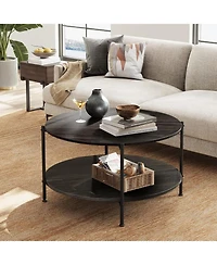 Wlive Round Coffee Table, Living Room Table with 2-Tier Storage Shelf,32in Wood Modern Coffee Table with Metal Frame and Wood Desktop,Easy Assembly,Ch