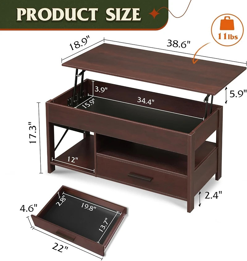 Wlive Lift Top Coffee Table for Living Room,Coffee Table with Storage,Hidden Compartment and Metal Frame, Central Table for Reception Room,Espresso