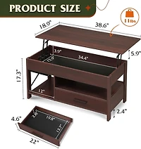 Wlive Lift Top Coffee Table for Living Room,Coffee Table with Storage,Hidden Compartment and Metal Frame, Central Table for Reception Room,Espresso