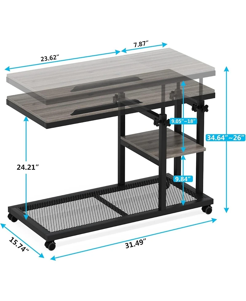 Tribesigns Height Adjustable C Table with Wheels and Tiltable Drawing Board, Sofa Bedside Laptop Stand C Shaped Tv Tray with Storage Shelves (Grey)