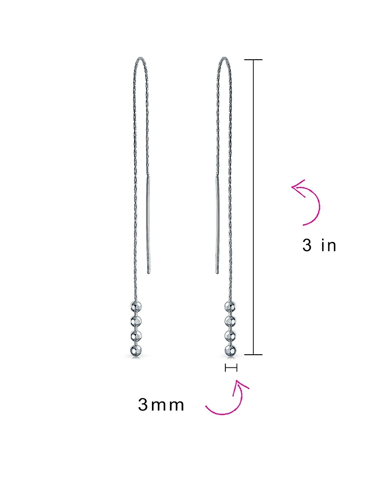 Bling Jewelry Geometric Minimalist Elegance Long Thin Chain Simple Four Bead Ball Threader Earrings .925 Sterling Silver