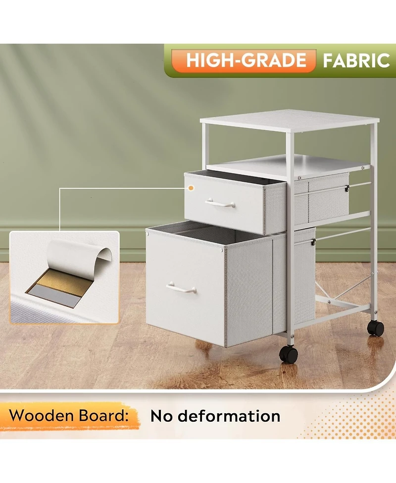 2 Drawer Mobile File Cabinet, Rolling Printer Stand with Open Storage Shelf, Fabric Vertical Filing Cabinet fits A4 or Letter Size for Home Office,Whi