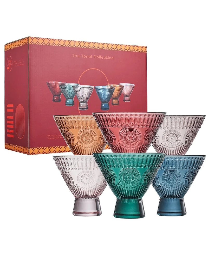 The Wine Savant Art Deco Vintage Colored Stemless Martini Glasses, Set of 6