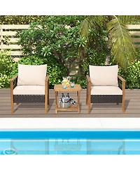 Inolait 3 Pieces Patio Wicker Furniture Set with 2-Tier Side Table and Cushioned Armchairs