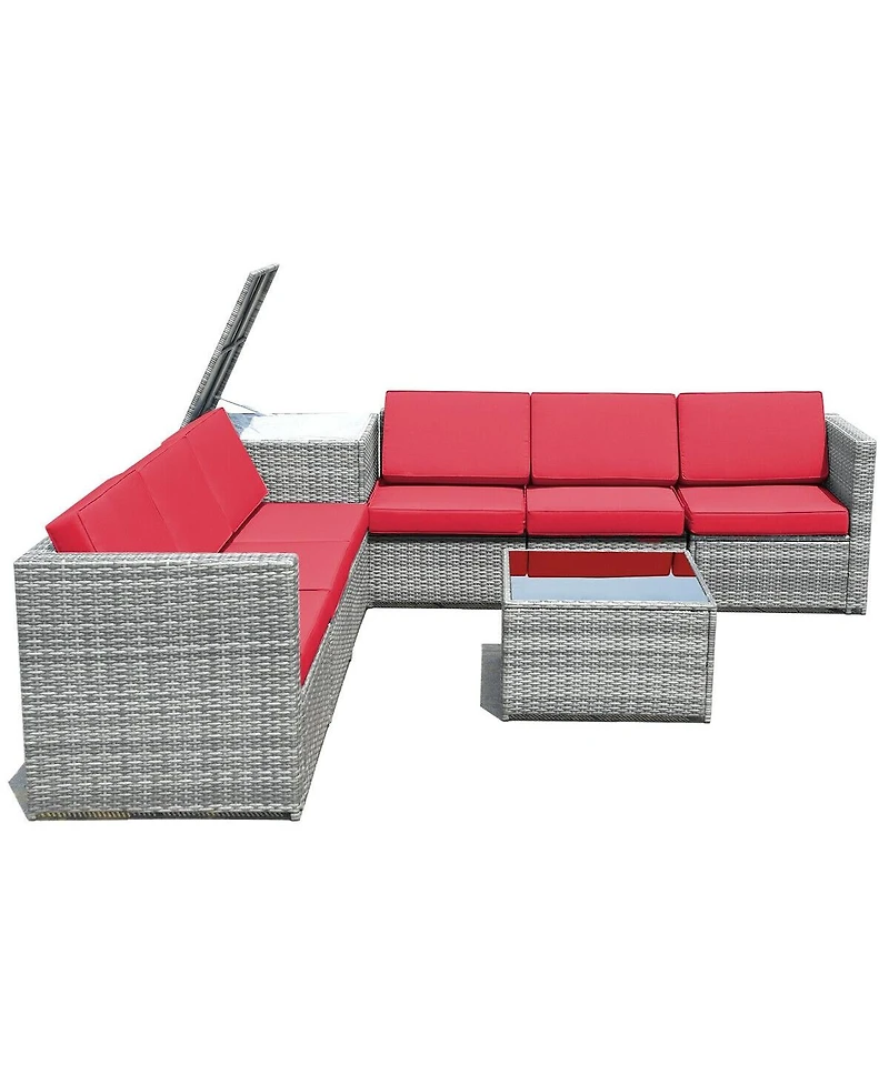 Sugift 8 Piece Wicker Sofa Rattan Dinning Set Patio Furniture with Storage Table-Red