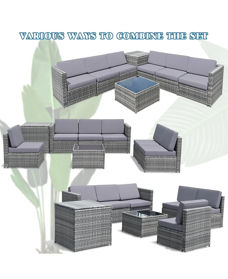 Sugift 8 Pieces Wicker Sofa Rattan Dining Set Patio Furniture with Storage Table-Gray