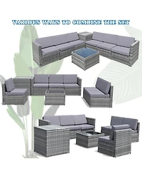 Sugift 8 Pieces Wicker Sofa Rattan Dining Set Patio Furniture with Storage Table-Gray