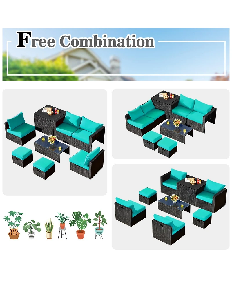 Sugift 8 Pieces Patio Rattan Storage Table Furniture Set-Turquoise