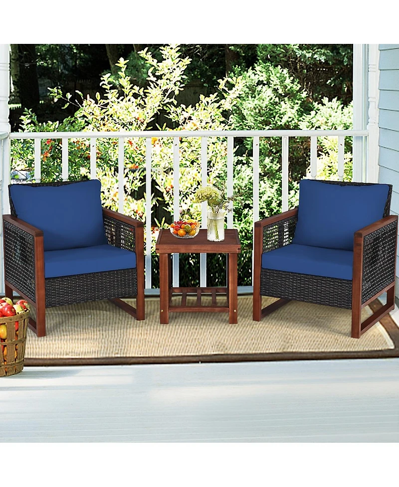 Sugift 3 Pieces Patio Wicker Furniture Set with Acacia Wood Coffee Table and Washable Cushion-Navy