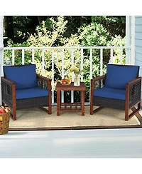 Sugift 3 Pieces Patio Wicker Furniture Set with Acacia Wood Coffee Table and Washable Cushion-Navy