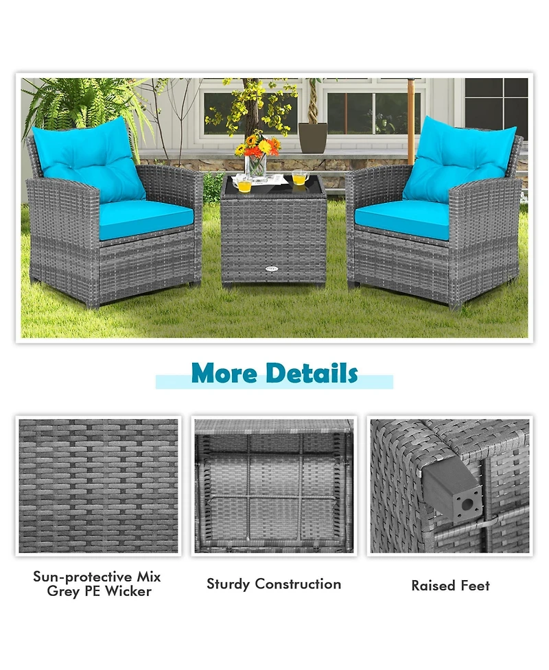 Sugift 3 Pieces Outdoor Wicker Conversation Set with Tempered Glass Tabletop-Turquoise
