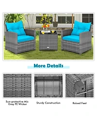 Sugift 3 Pieces Outdoor Wicker Conversation Set with Tempered Glass Tabletop-Turquoise
