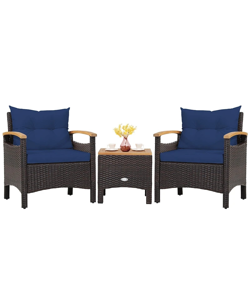 Sugift 3 Pieces Patio Rattan Furniture Set with Removable Cushion-Navy