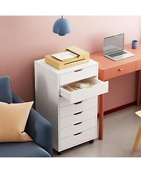 7-Drawer Chest, Wood Storage Dresser File Cabinet with Wheels, White