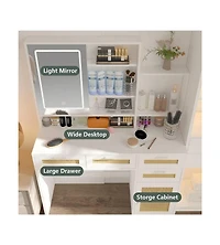 gaomon Makeup Vanity With Lights In 3 Colors And Openable Mirror, Vanity Desk With 4 Drawers, 1 Cabinets And Shelves, Vanity Table Rattan Vanity Dress