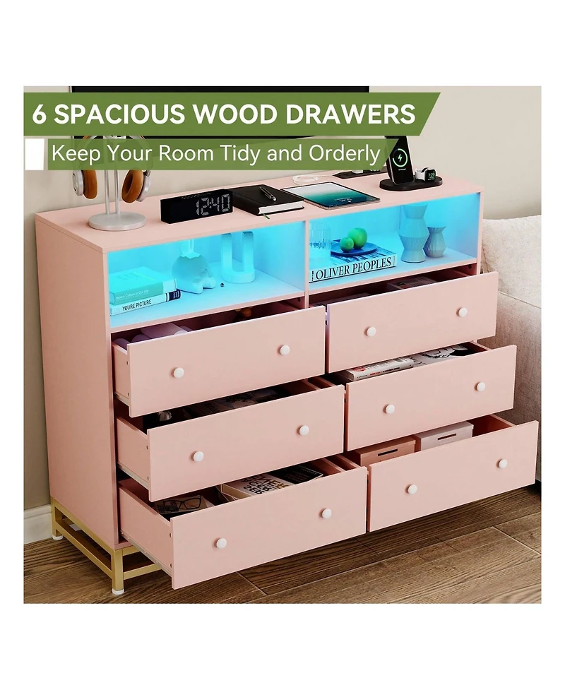 gaomon 6 Drawer Double Dresser Tv Stand, Bedroom Dresser With Power Outlet & Led Light, Wood Dresser For Room, Hallway, 47.2''W15.8''D36.2''H (