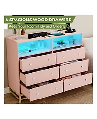 gaomon 6 Drawer Double Dresser Tv Stand, Bedroom Dresser With Power Outlet & Led Light, Wood Dresser For Room, Hallway, 47.2''W15.8''D36.2''H (